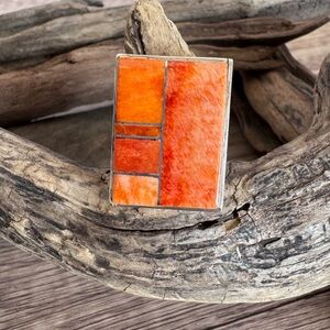 Zuni Signed H.SMITH Silver and Bright Orange Spiney Oyster Square 925 Ring
